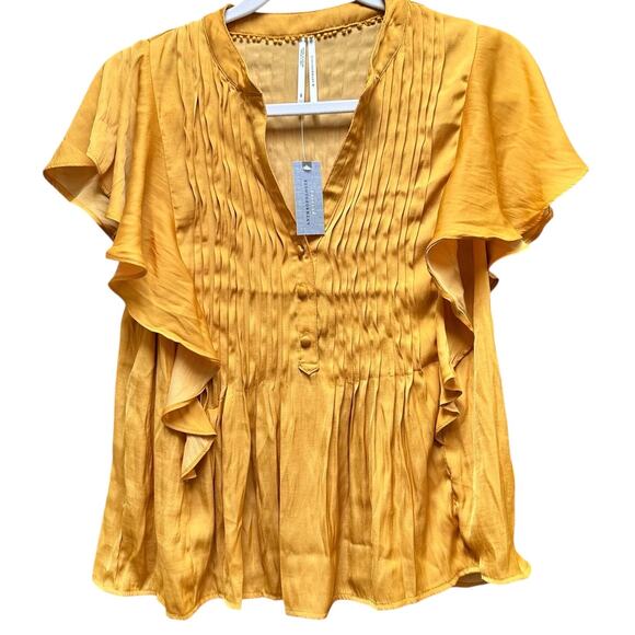 ANTHROPOLOGIE Petites Mango Yellow Pintuck Flutter Sleeve Blouse SP - Picture 1 of 7